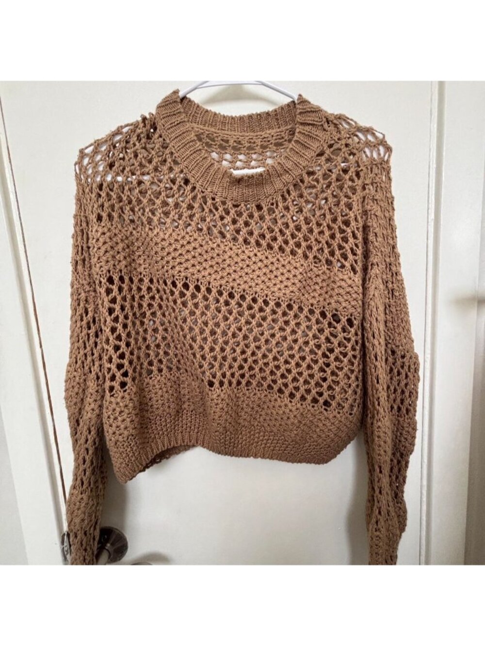 Brown crochet sweater with open knit designM, fits...